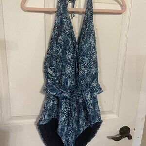 Jones New York Women's One Piece Swimsuit Side Tie Blue & White Snakeskin XL